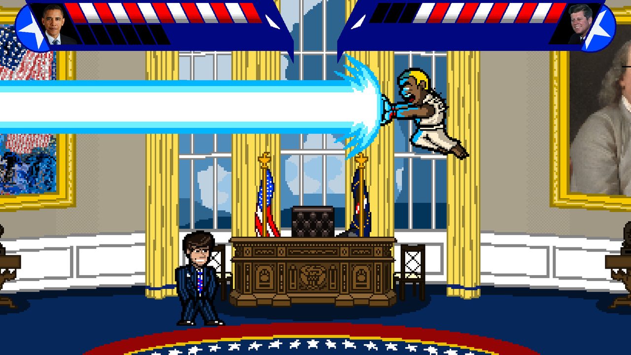 Electoral Carnage promotional super illustration showing a horizontal blue beam across the Oval Office stage