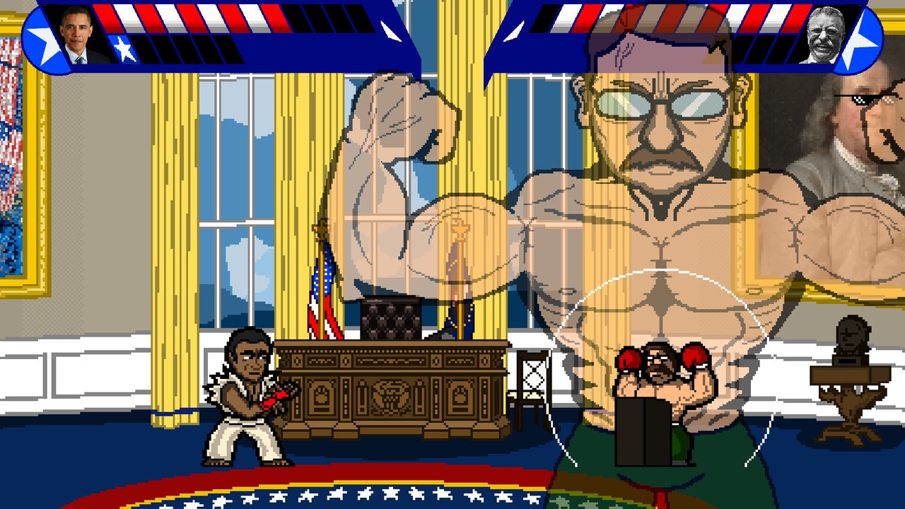 Electoral Carnage promotional match screenshot with pixel fighters, a large Teddy figure and the red and blue HUD